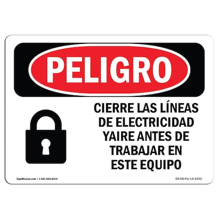 OSHA Danger, Lockout Electricity Air Lines Spanish, 14in X 10in Decal